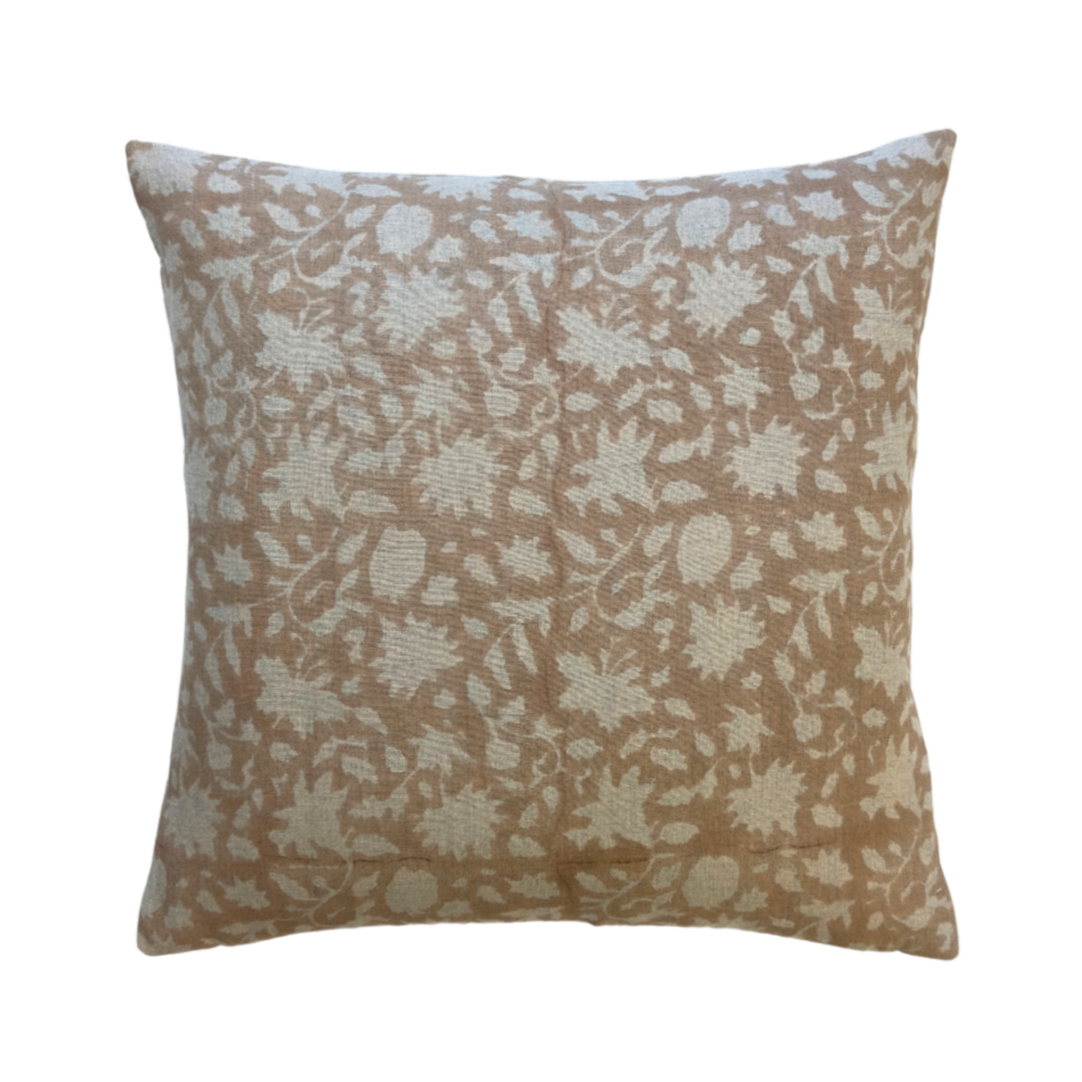 Ann CoralBrown Floral BlockPrinted Linen Pillow Cover Maquette