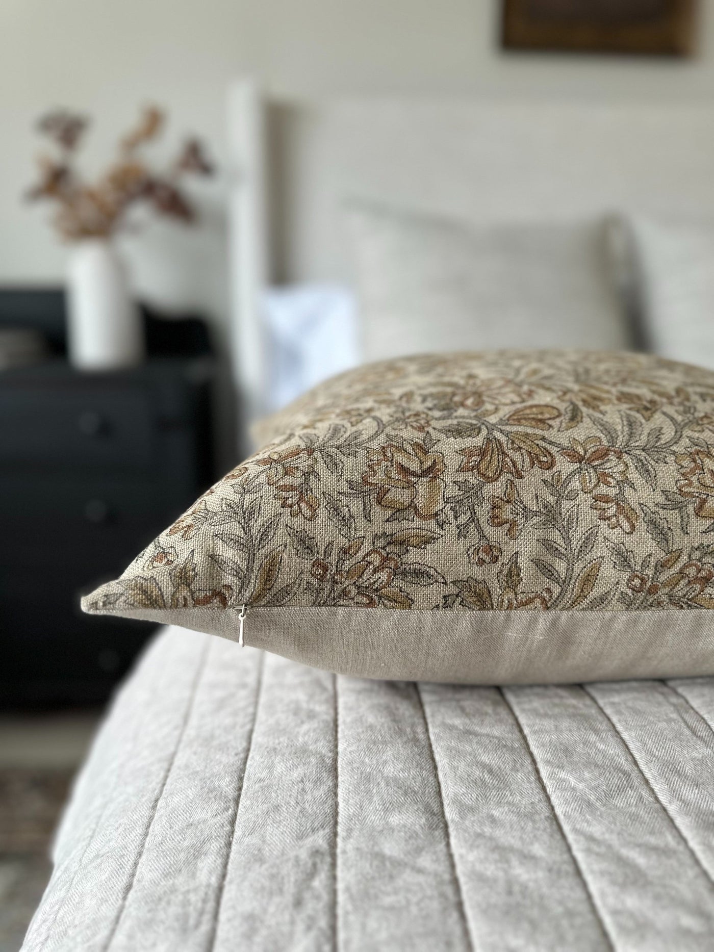 Tina | Floral Leaf Block-Printed Linen Pillow Cover