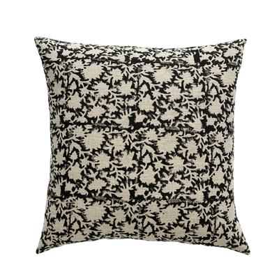 Rory | Black Floral Block-Printed Linen Pillow Cover