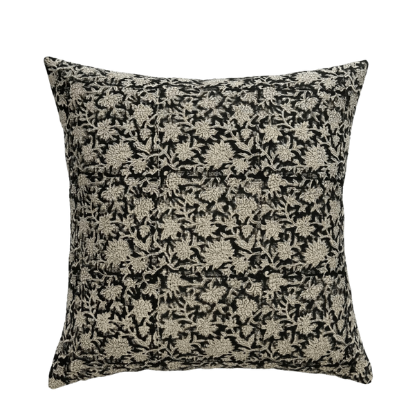 Ashley Black Floral Block Printed Linen Pillow Cover Maquette