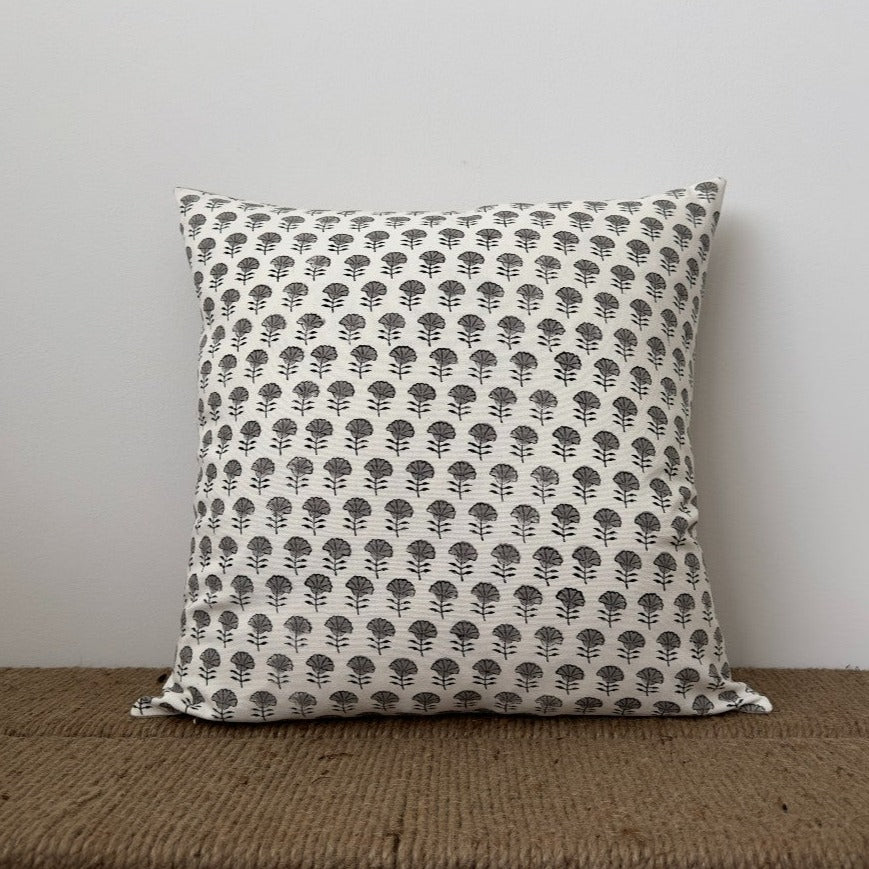 Elizabeth | Mini Grey Floral Block-Printed Cotton Pillow Cover