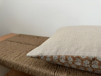 Liam | Brown Small Floral Block-Printed Linen Pillow Cover