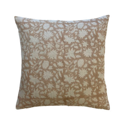 Ann | Coral-Brown Floral Block-Printed Linen Pillow Cover