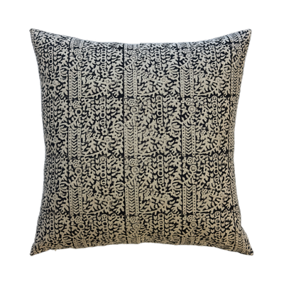 Marie | Black Floral Block-Printed Linen Pillow Cover