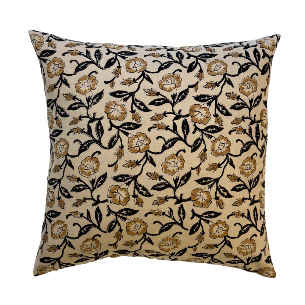 Karel | Gold and Black Floral Block-Printed Cotton Pillow Cover