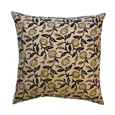 Karel | Gold and Black Floral Block-Printed Cotton Pillow Cover