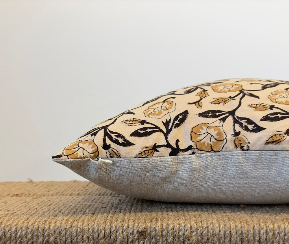 Karel | Gold and Black Floral Block-Printed Cotton Pillow Cover