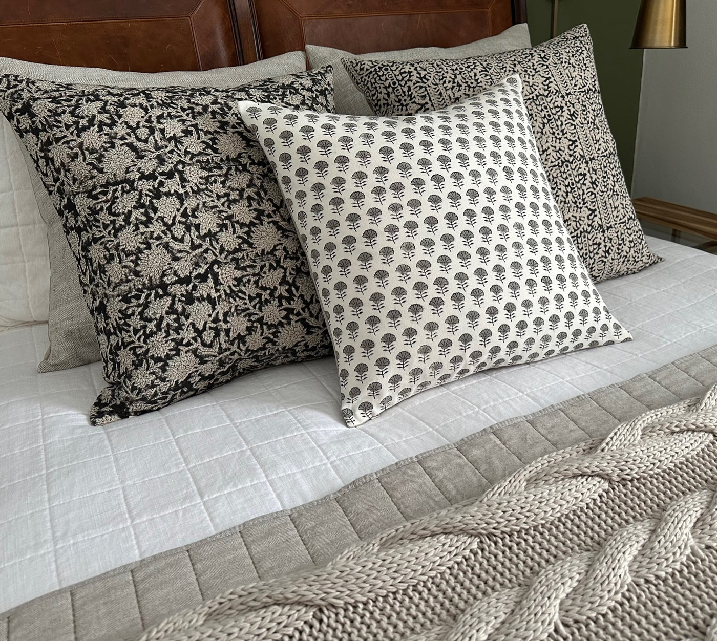 Elizabeth | Mini Grey Floral Block-Printed Cotton Pillow Cover