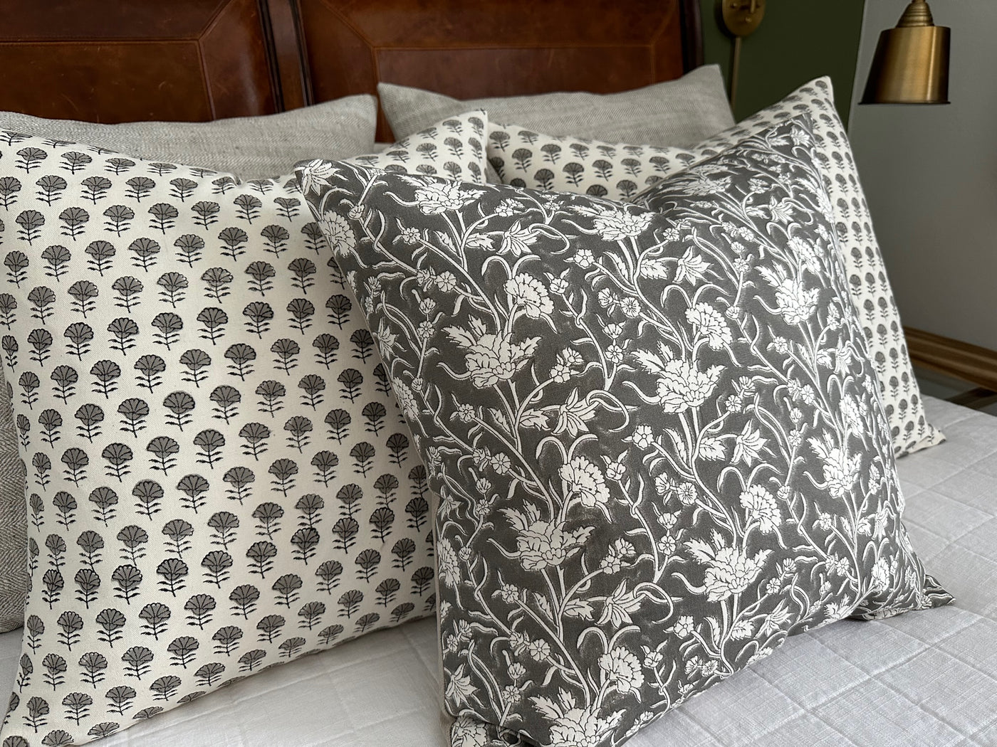 Elizabeth | Mini Grey Floral Block-Printed Cotton Pillow Cover