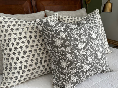 Elizabeth | Mini Grey Floral Block-Printed Cotton Pillow Cover