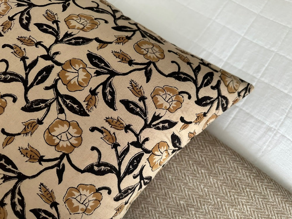 Karel | Gold and Black Floral Block-Printed Cotton Pillow Cover