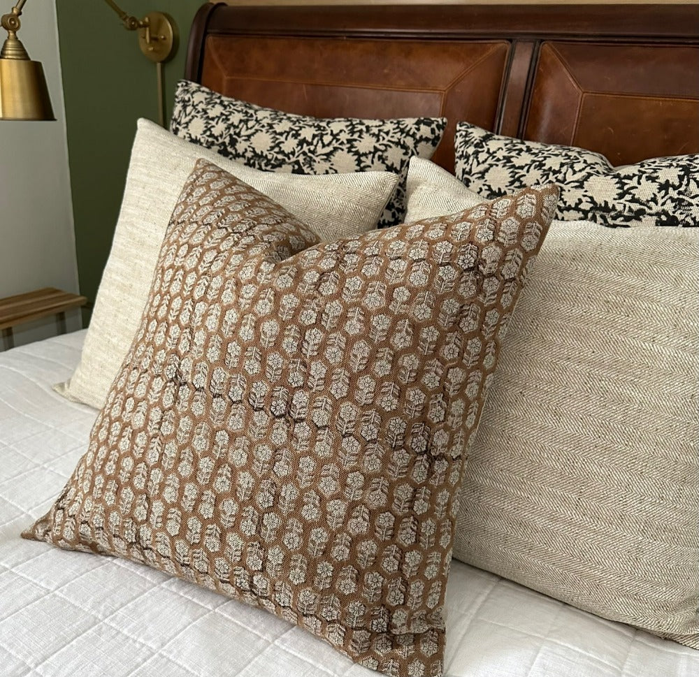 Liam | Brown Small Floral Block-Printed Linen Pillow Cover