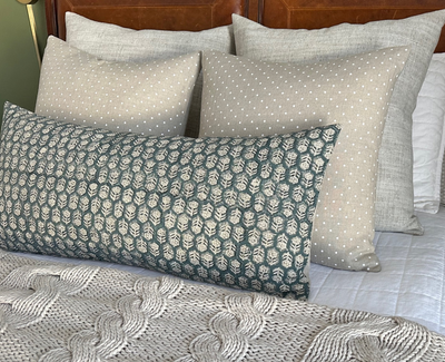 Verna | Blue Green Mini Floral Block-Printed Linen Pillow Cover