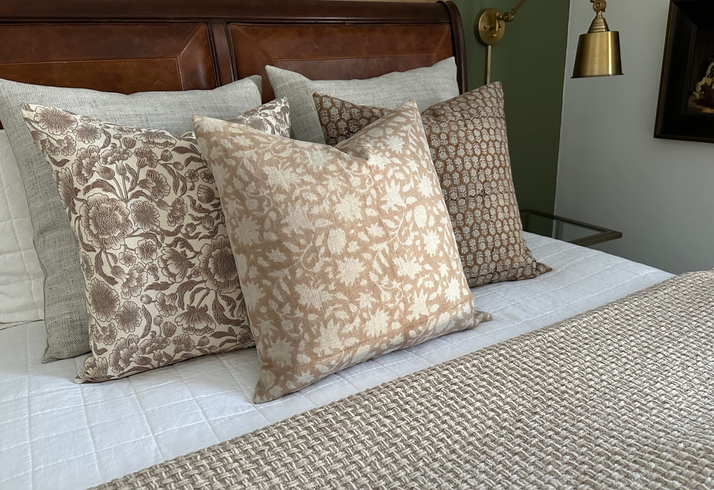 Ann | Coral-Brown Floral Block-Printed Linen Pillow Cover