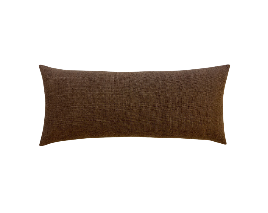 A single long lumbar decorator throw pillow cover in a brown hand woven fabric. 