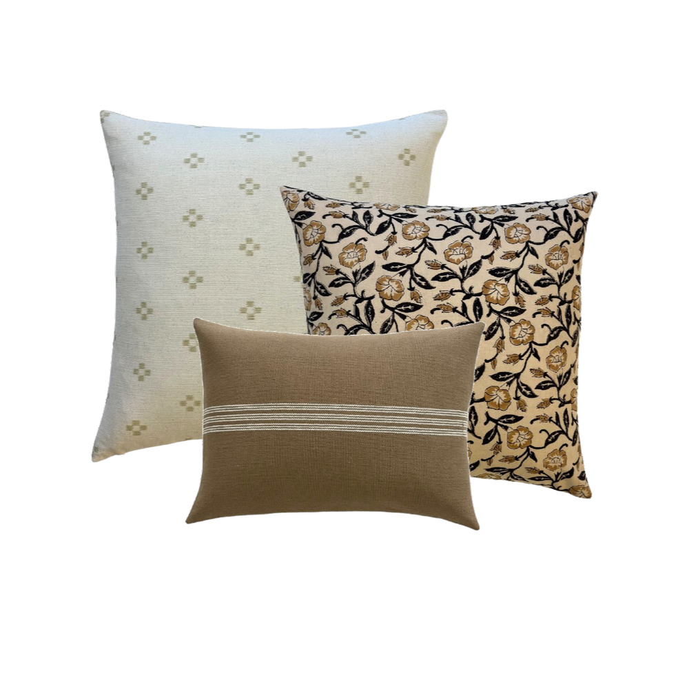 Karel | Gold and Black Floral Block-Printed Cotton Pillow Cover