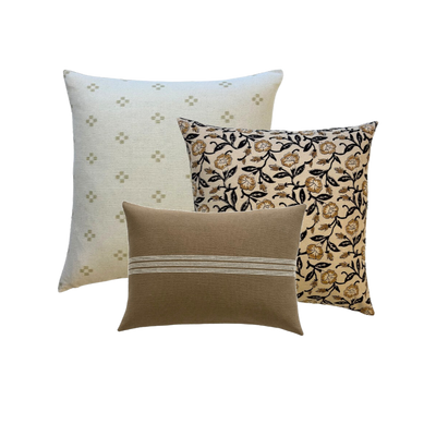 Karel | Gold and Black Floral Block-Printed Cotton Pillow Cover