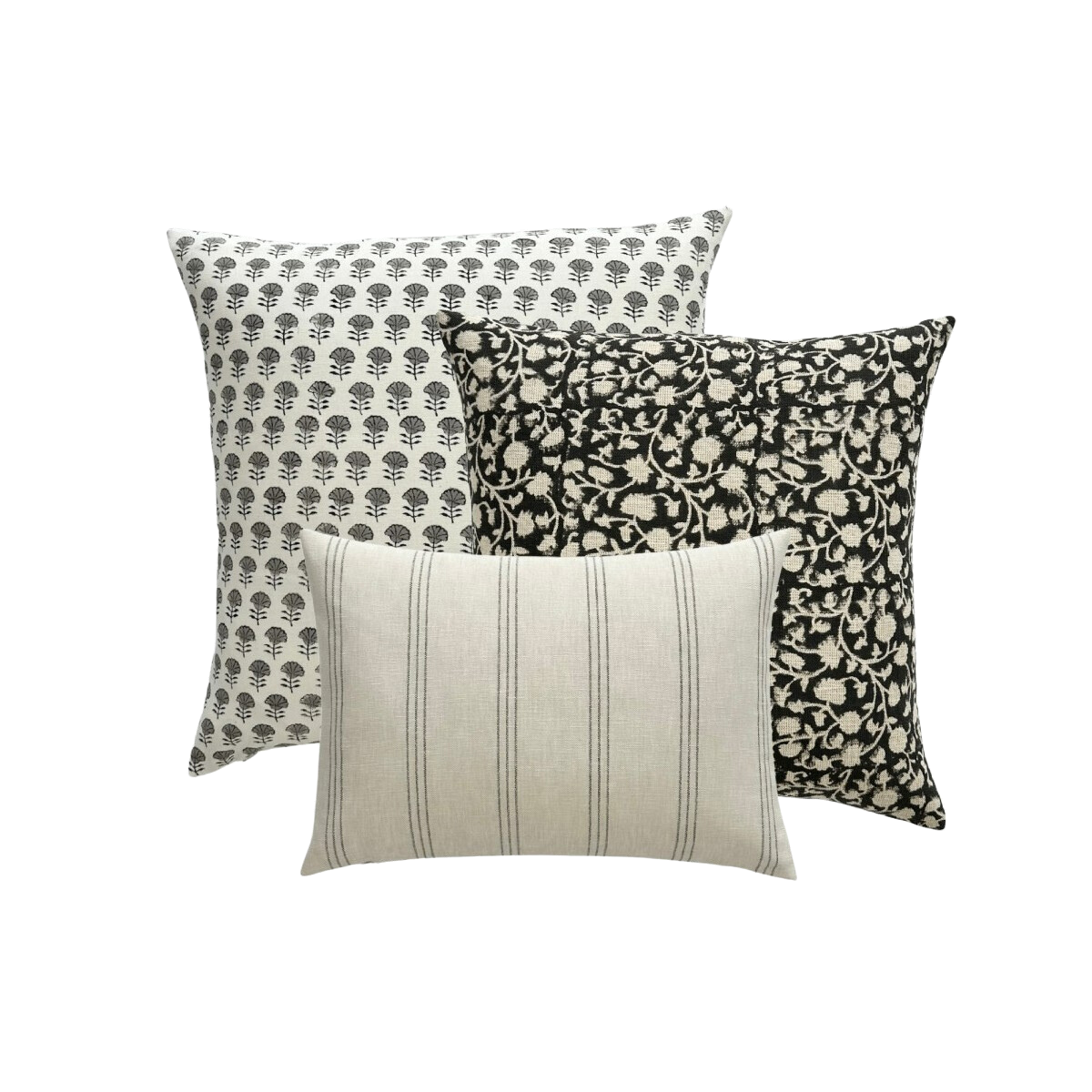 Shirley | Black Floral Block-Printed Linen Pillow Cover