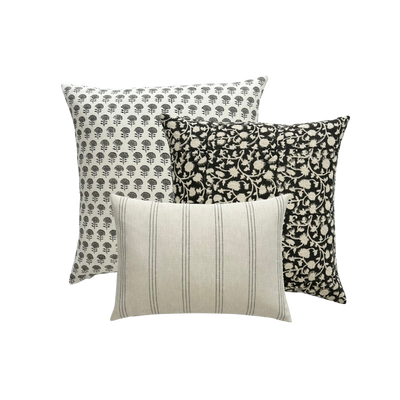 Elizabeth | Mini Grey Floral Block-Printed Cotton Pillow Cover