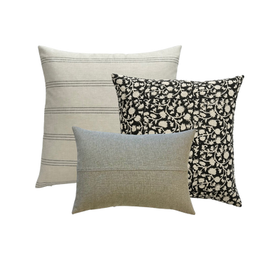 Shirley | Black Floral Block-Printed Linen Pillow Cover