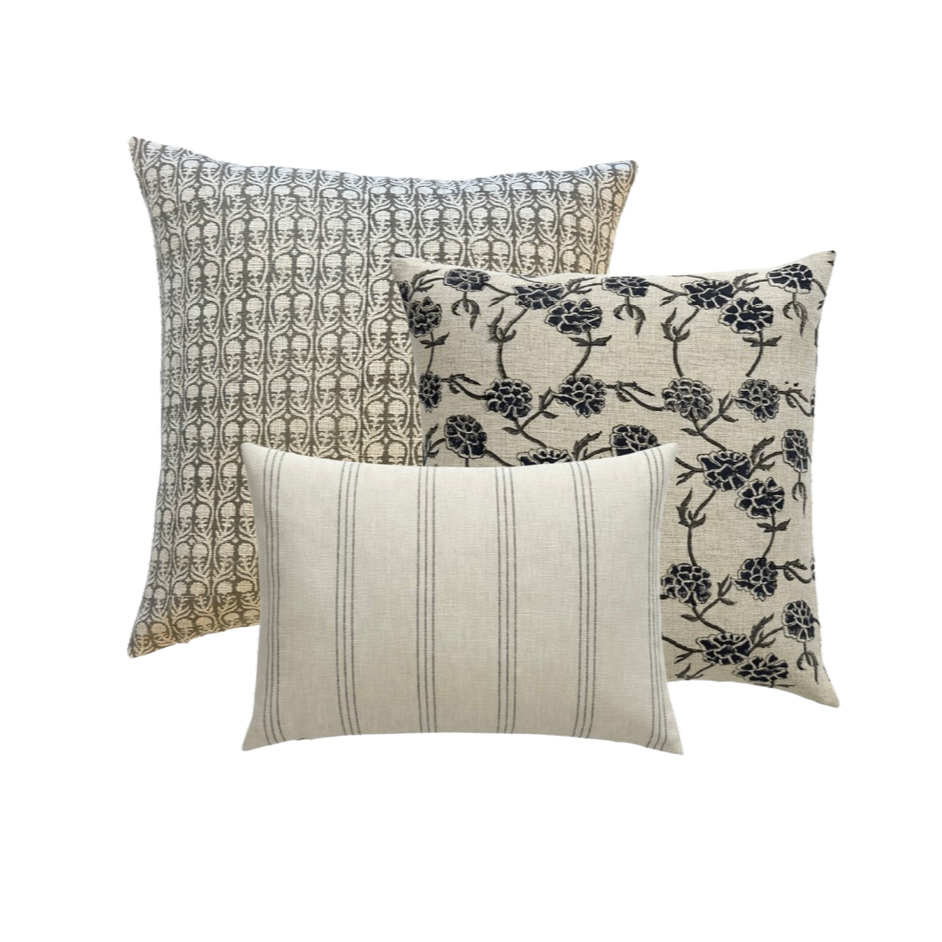 Lynn | Olive Green Floral Block-Printed Linen Pillow Cover